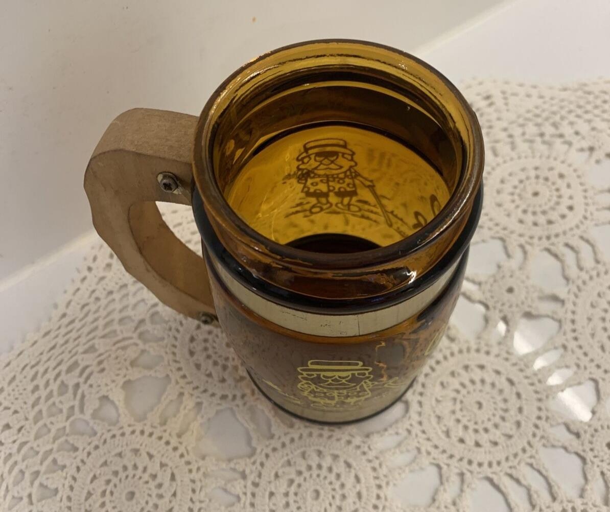 Mug 1 x Vtg GRAND FATHER AMBER GLASS SOUVENIR STEIN Wood Handle Taiwan 1970’s