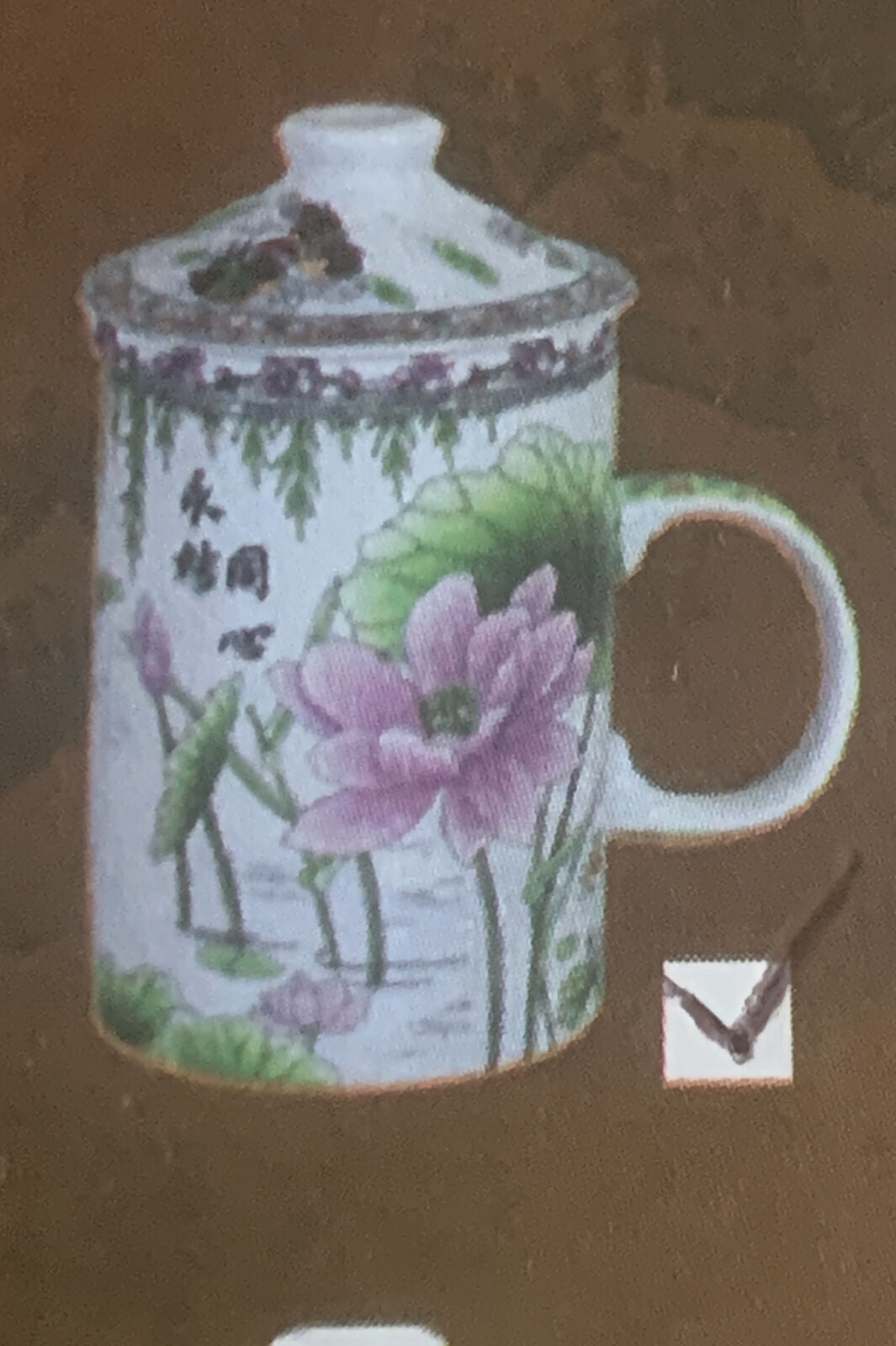 Mug w Lid Work At Sth Tea Cup Oriental Lotus Design Ceramic Strainer In Box NEW