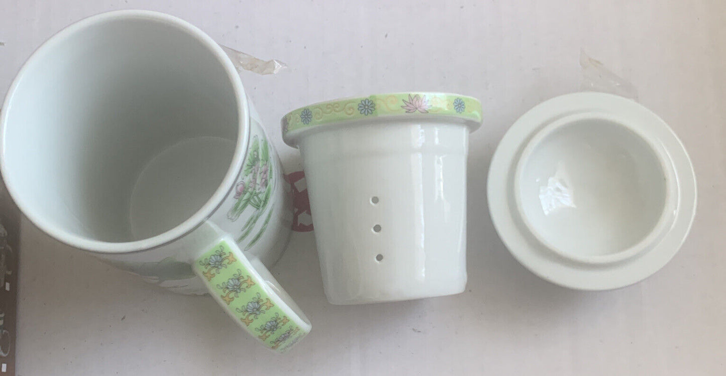 Mug w Lid Work At Sth Tea Cup Oriental Lotus Design Ceramic Strainer In Box NEW