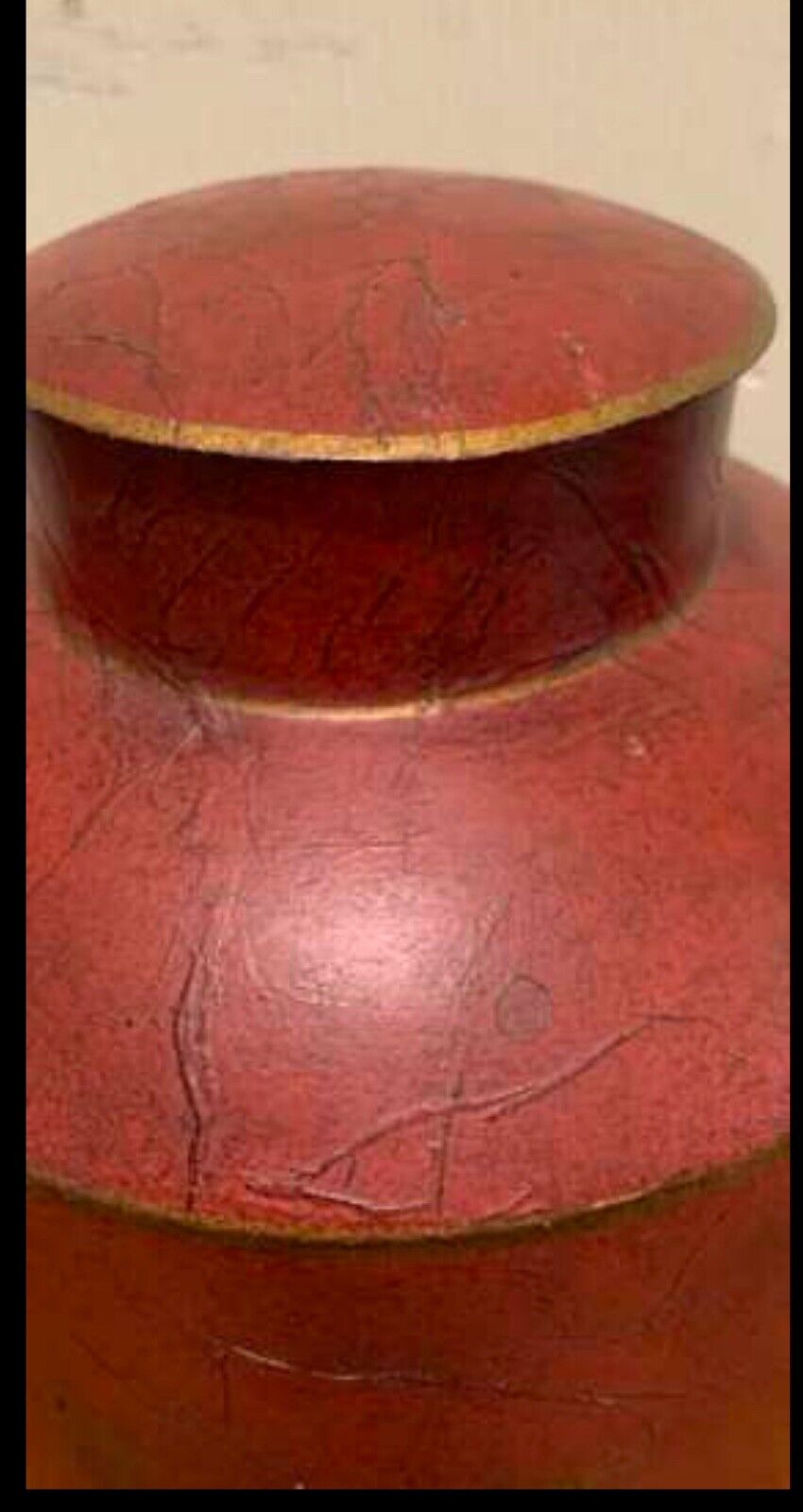 HORTON Provincial 27cm Metal urn canister w lid XI rustic red and old gold paint