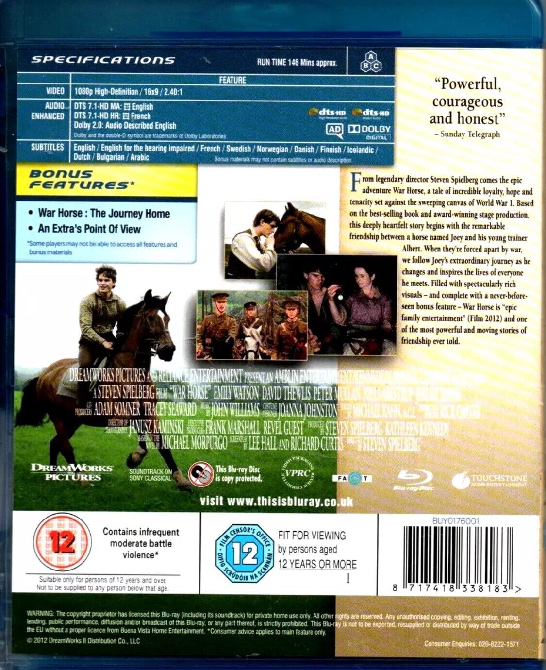 Blu Ray WAR HORSE 2011 Steven Spielberg Film MOVIE Sealed NEW