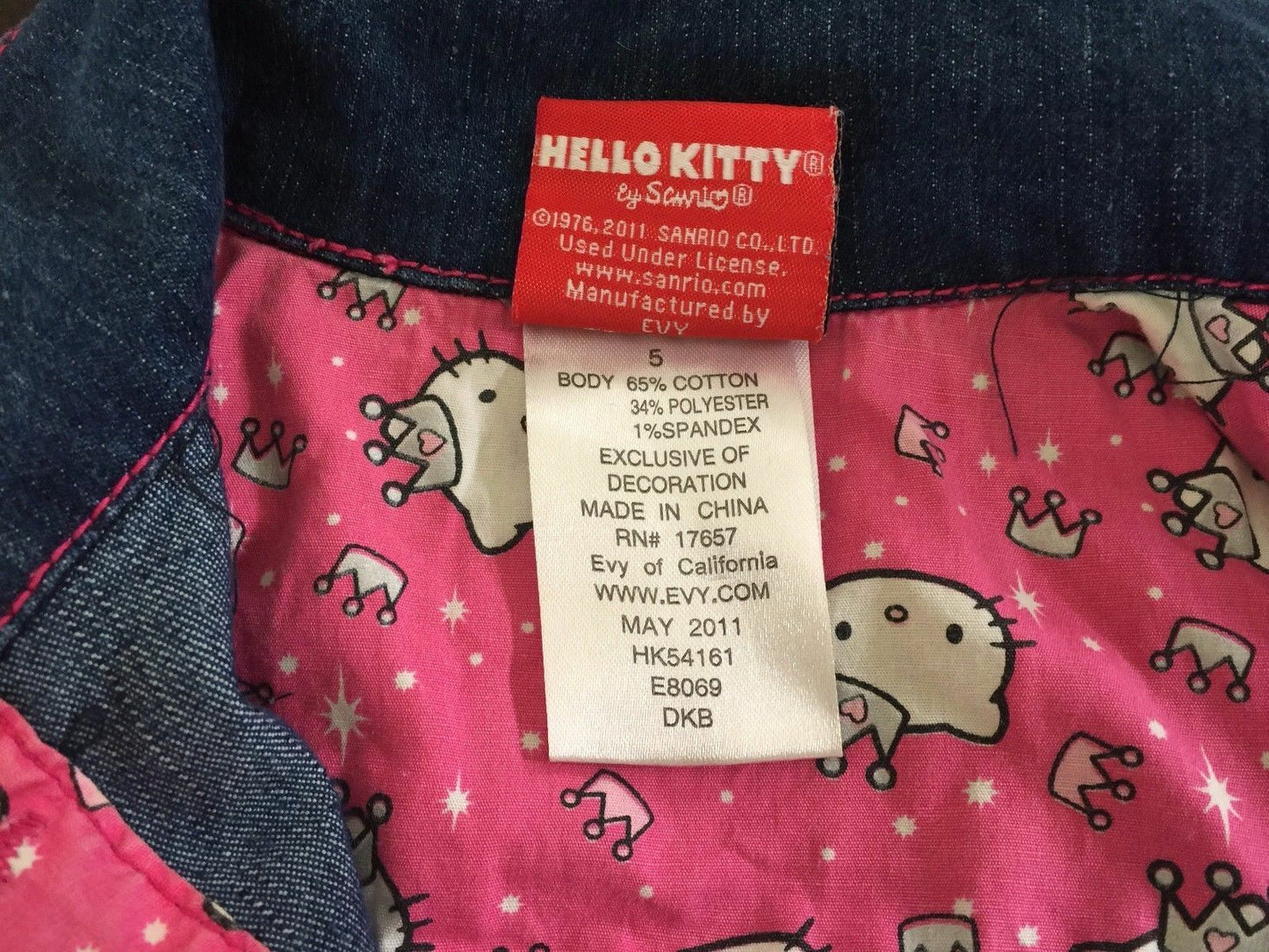 Girls HELLO KITTY Jacket Dark Denim Jacket Back Stud Motif Size 5 Sanrio Evy NEW