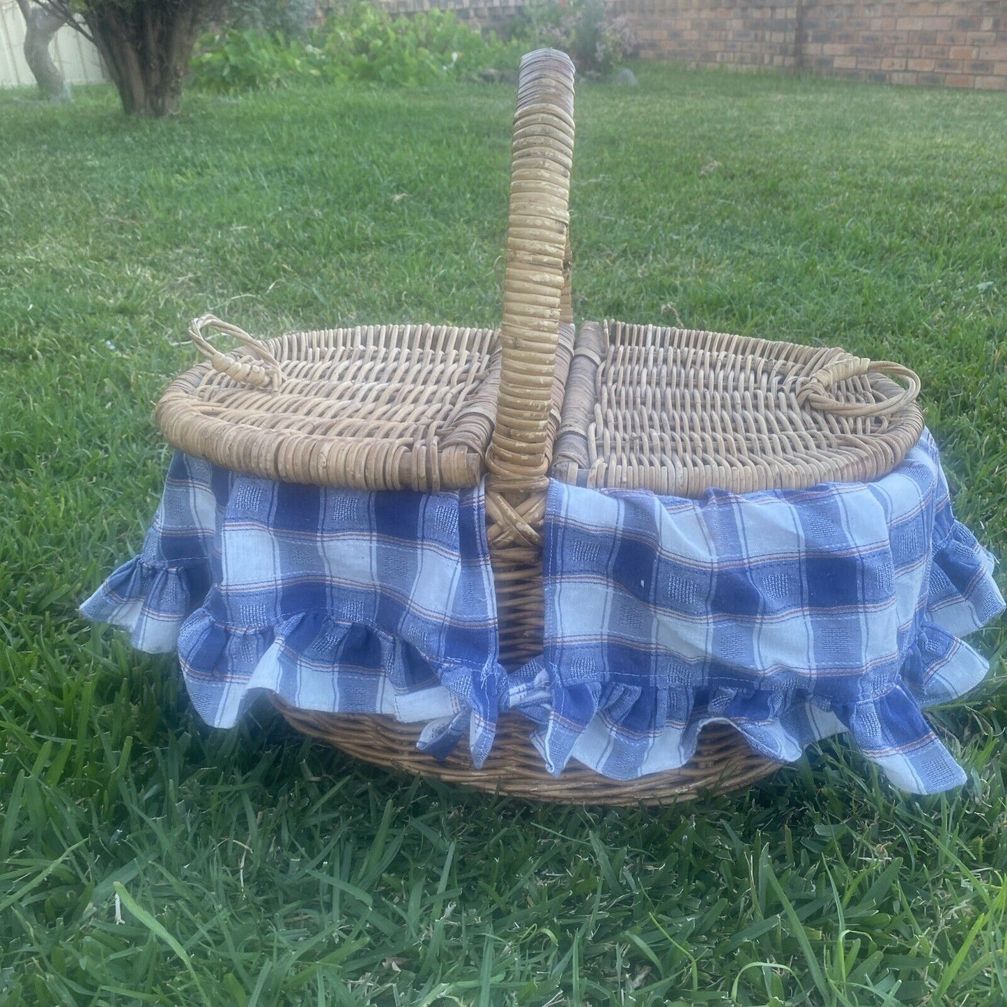 Vintage Picnic Basket 49cm Bamboo Cane French Check Liner Display Storage V004