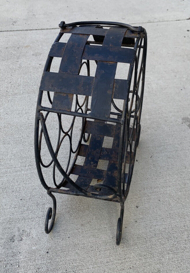 1980's Black WINE RACK Wrought Iton 9 bottles WineRack Handle Floor Bench Mobile