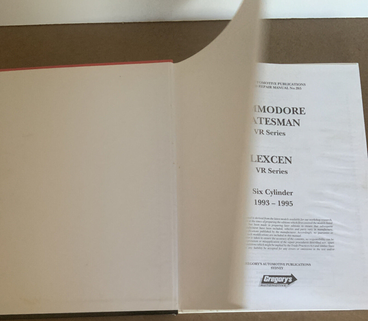 Gregorys SP No 265 HOLDEN COMMODORE LEXCEN V6 1993 1995 Service & Repair Manual