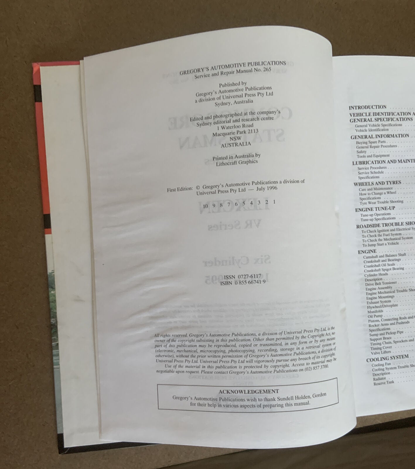 Gregorys SP No 265 HOLDEN COMMODORE LEXCEN V6 1993 1995 Service & Repair Manual