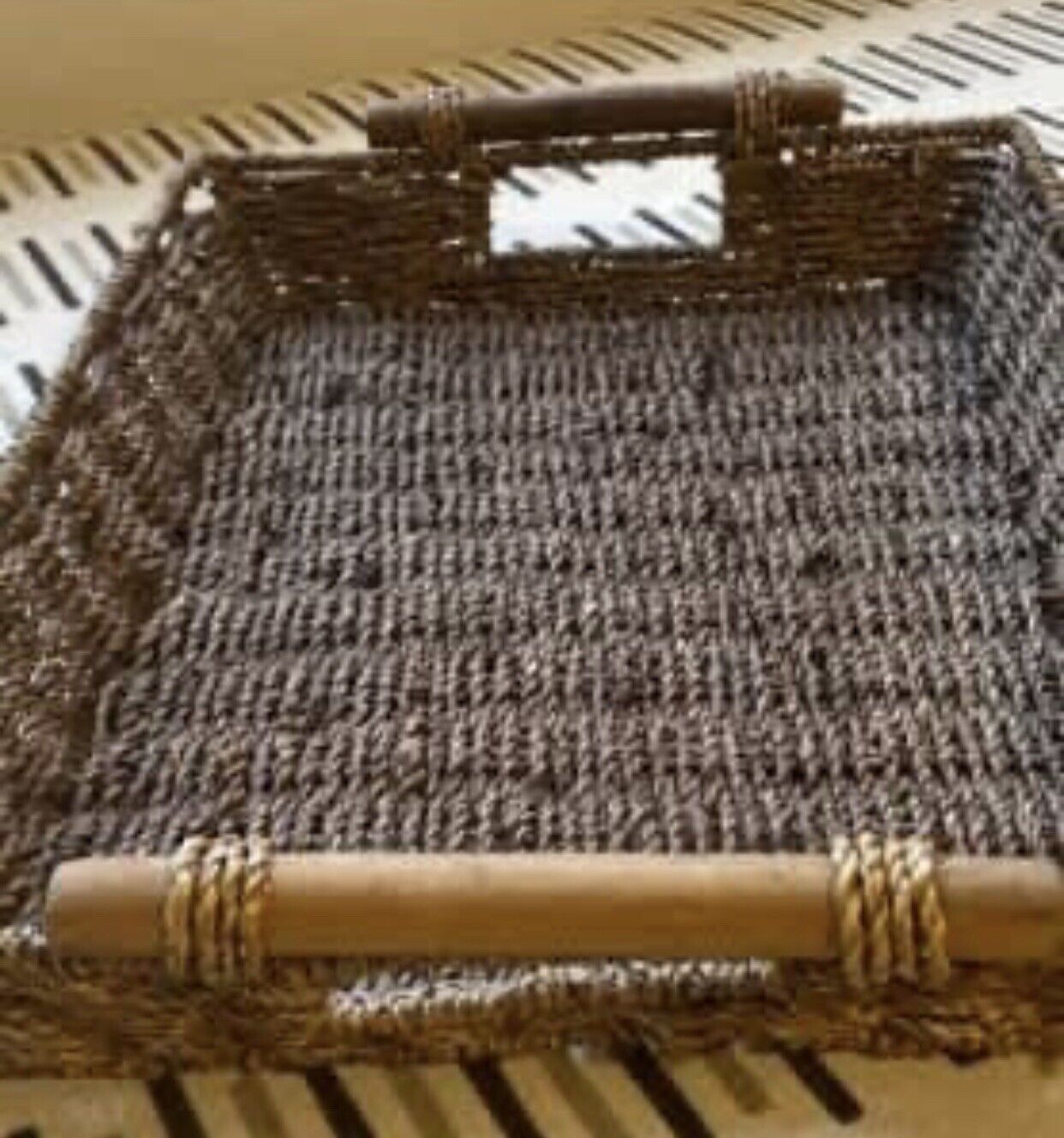 HandWoven 30x40cm Sisal Jute Twine Basket Serving Tray w Wooden Handles AE164