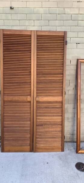 2 x Rustic French Louvre Doors 201x53cm Wooden Bifolds Louvres Shutters Cladding