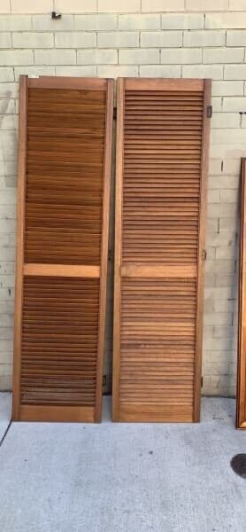 2 x Rustic French Louvre Doors 201x53cm Wooden Bifolds Louvres Shutters Cladding