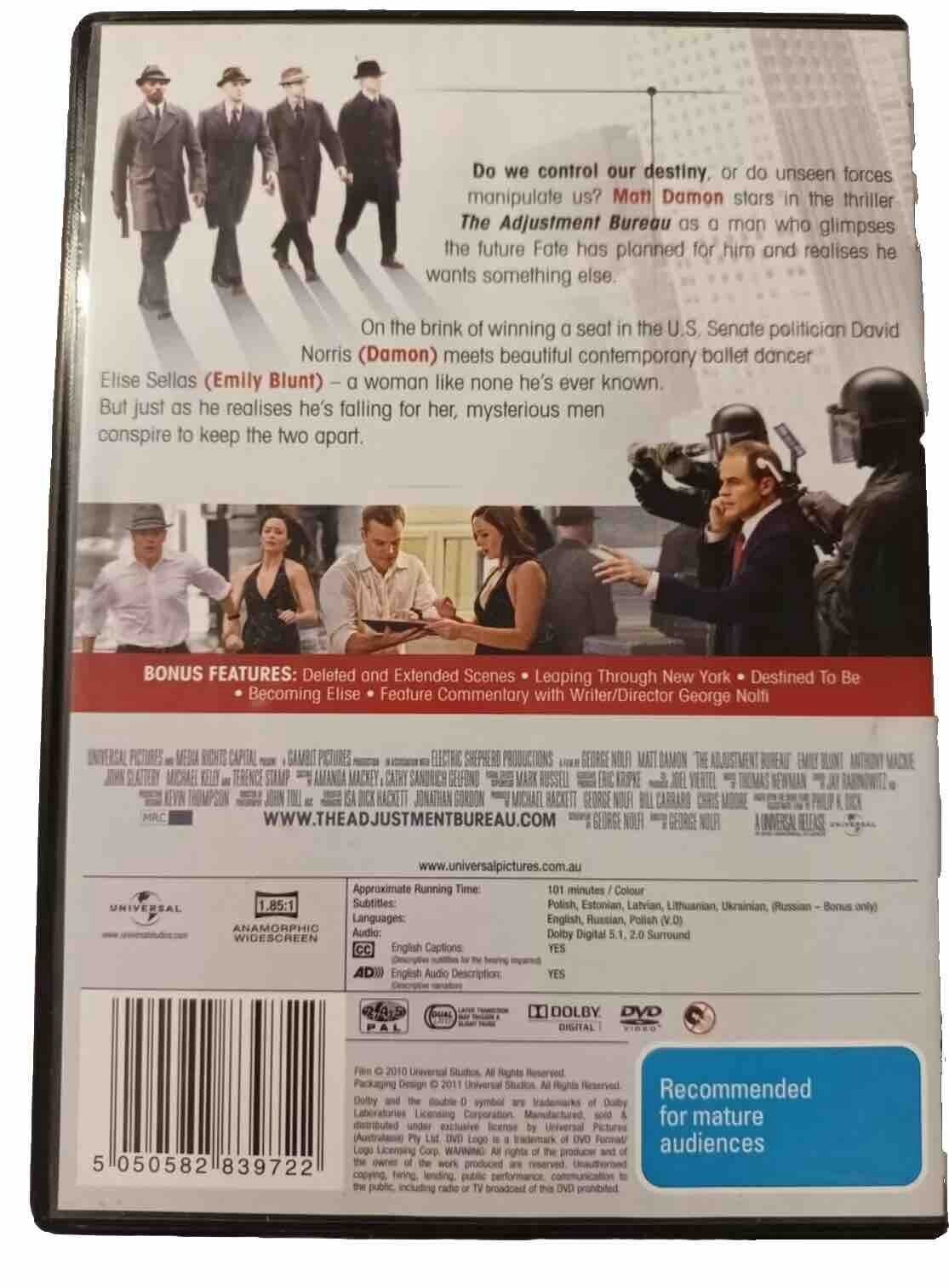 DVD The Adjustment Bureau Region 4 PAL Matt Damon Emily Blunt Movie