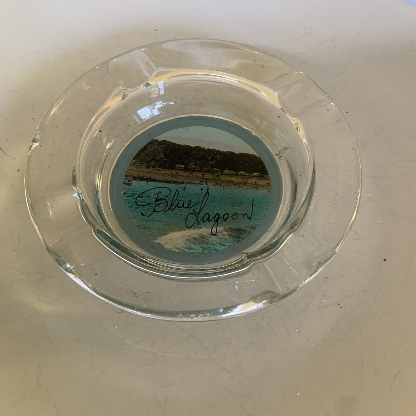 ASHTRAY BLUE LAGOON Midcentury Round Glass Transfer On Underside Vintage