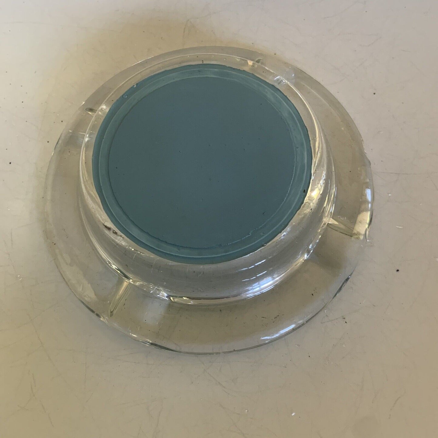 ASHTRAY BLUE LAGOON Midcentury Round Glass Transfer On Underside Vintage