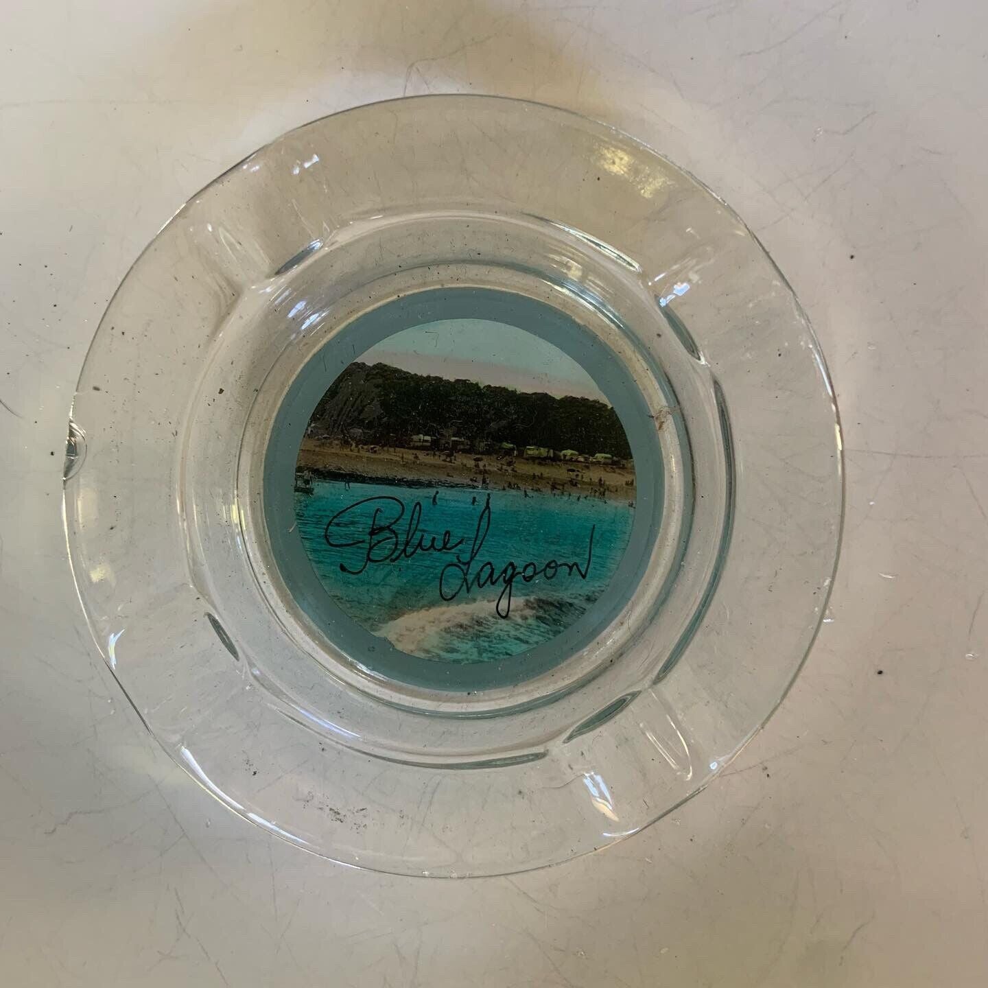 ASHTRAY BLUE LAGOON Midcentury Round Glass Transfer On Underside Vintage