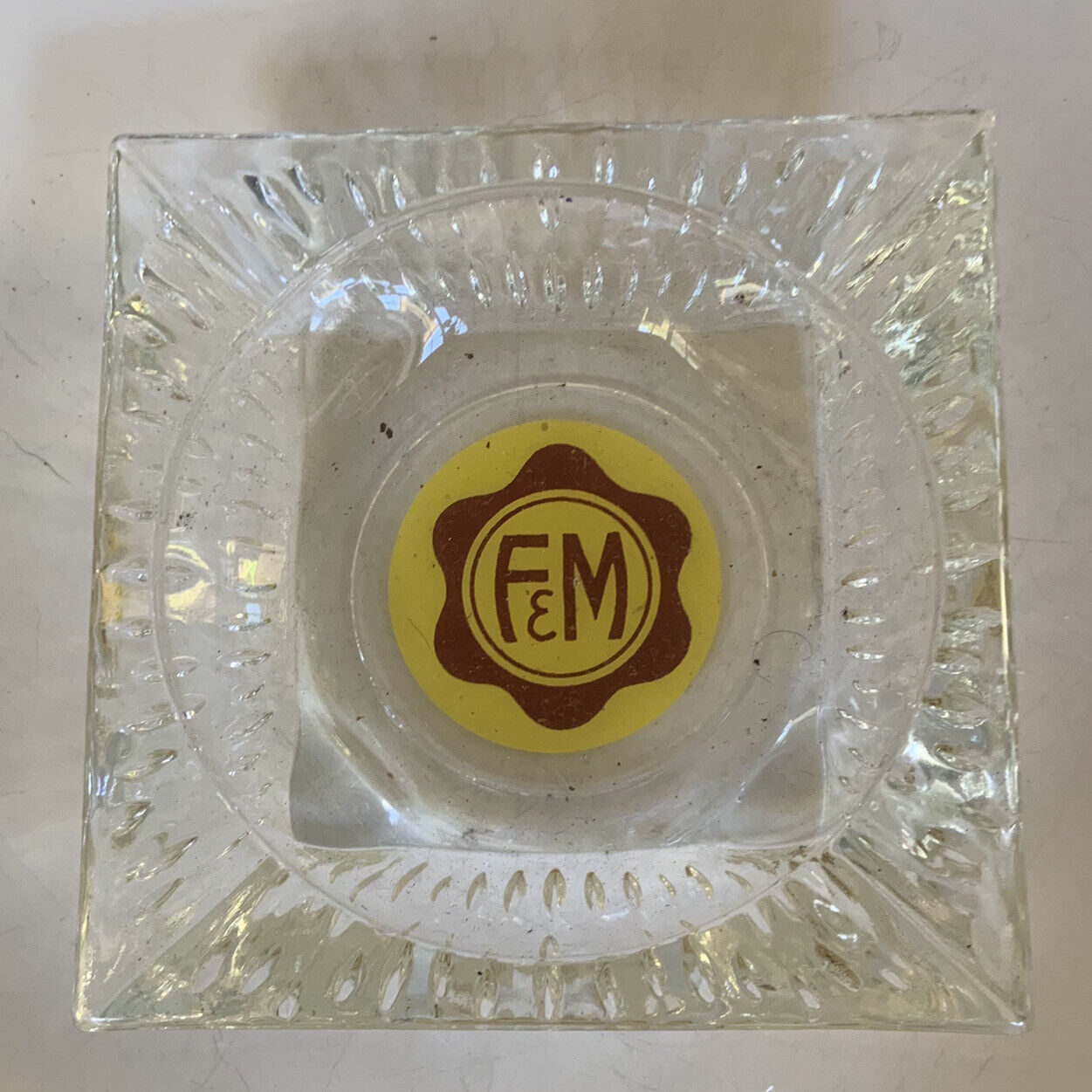 ASHTRAY“ F & M ” Square Round Etched Outer Logo Vintage