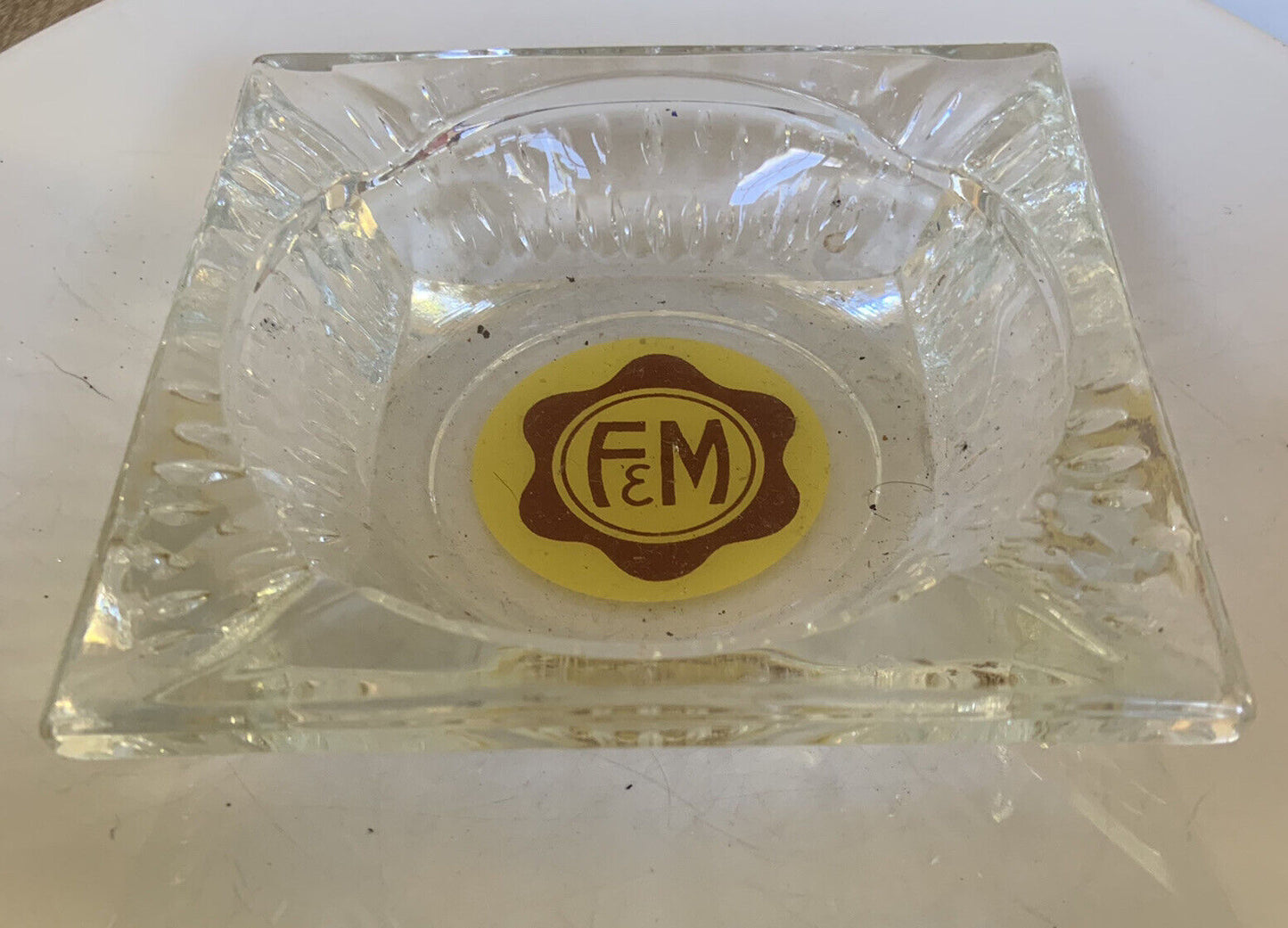 ASHTRAY“ F & M ” Square Round Etched Outer Logo Vintage