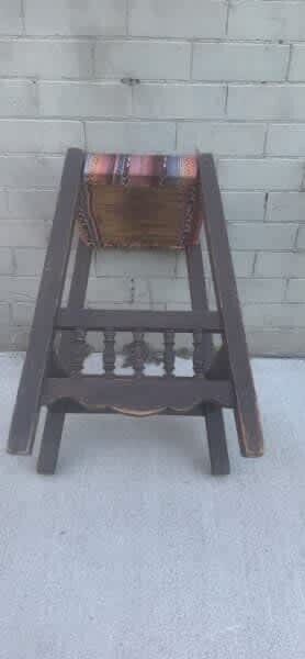 Vintage Colonial Bar Stool 68.5cm Wood Square Spindle Woven Fabric Padded Seat