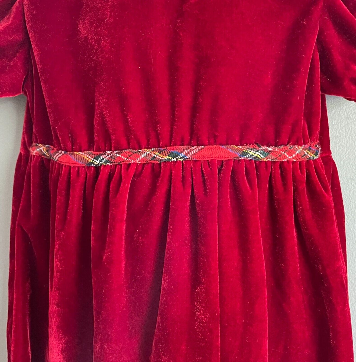 Vintage Girls LONGROAL Deep Red Velour Tartan Trim Peter Pan Collar Sz 5 no tag