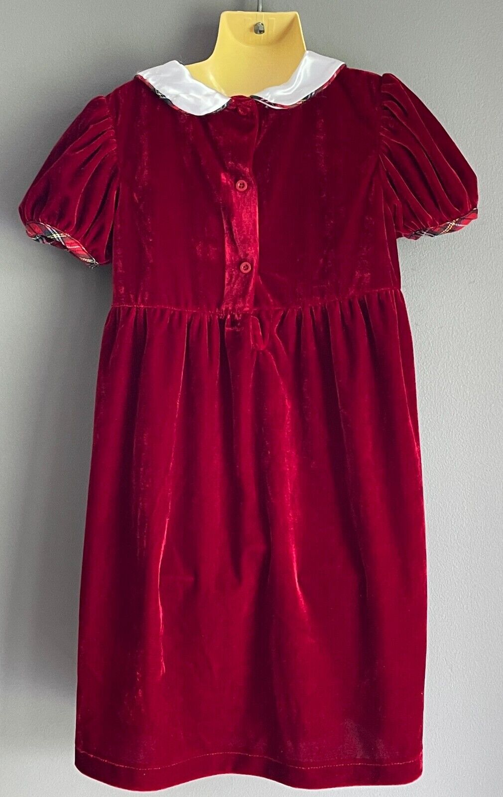 Vintage Girls LONGROAL Deep Red Velour Tartan Trim Peter Pan Collar Sz 5 no tag