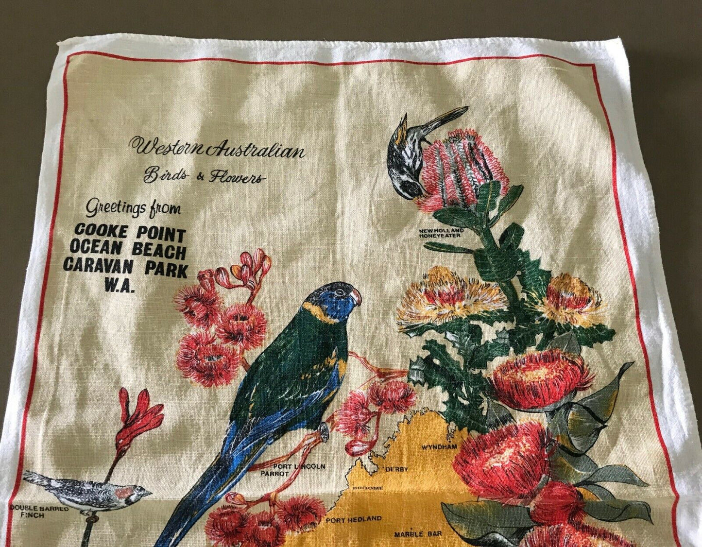 Russ Linen Tea Towel COOK POINT OCEAN BEACH CARAVAN PARK WA Aussie Birds Flowers