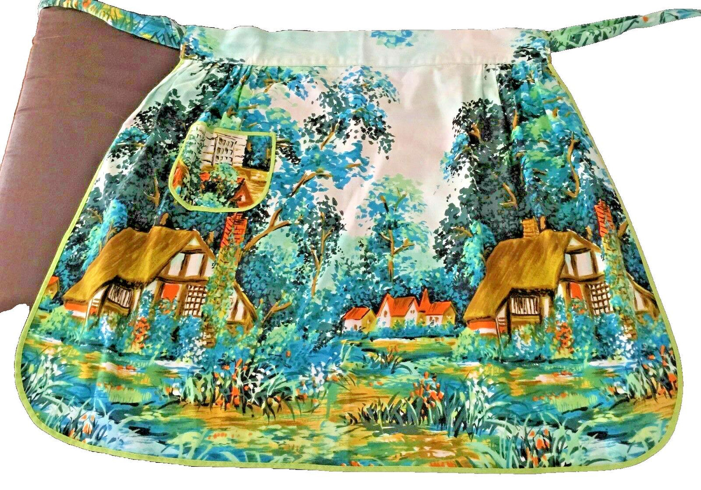 Taniwha Vintage Kitchen Apron Farm Cottage Scene Waist Tie Patch Pocket Sz 8 10