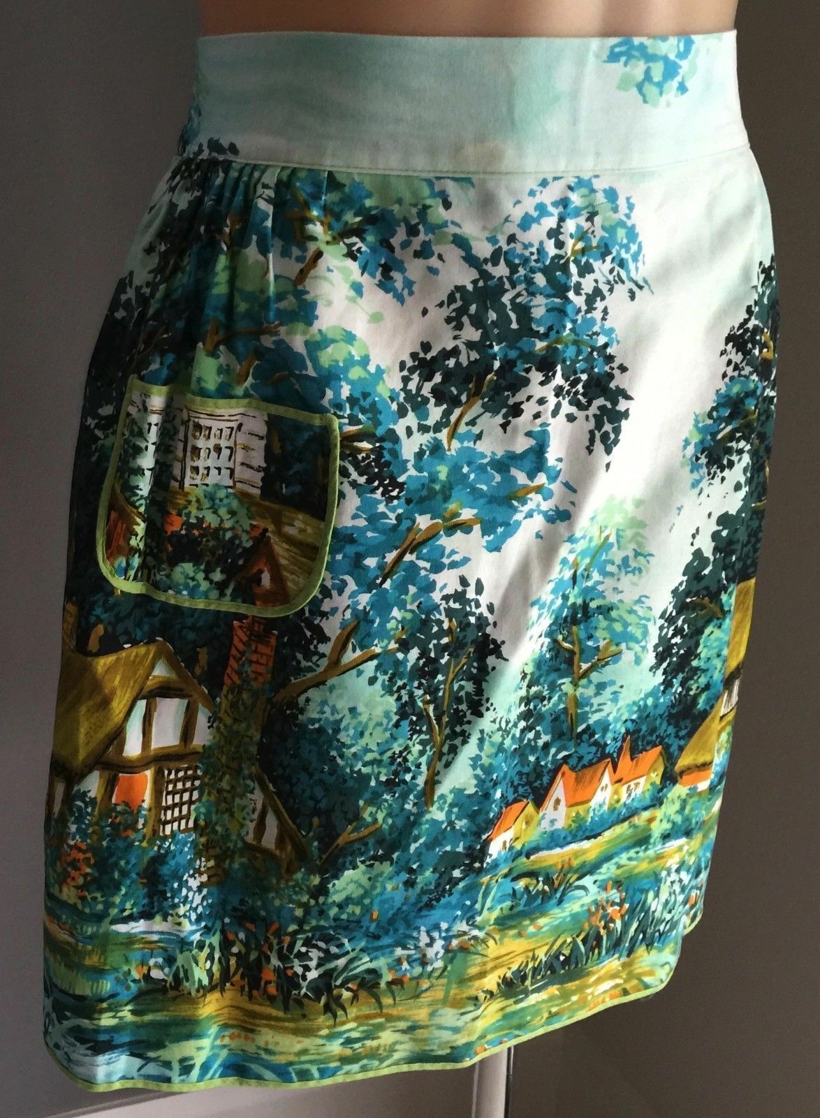 Taniwha Vintage Kitchen Apron Farm Cottage Scene Waist Tie Patch Pocket Sz 8 10