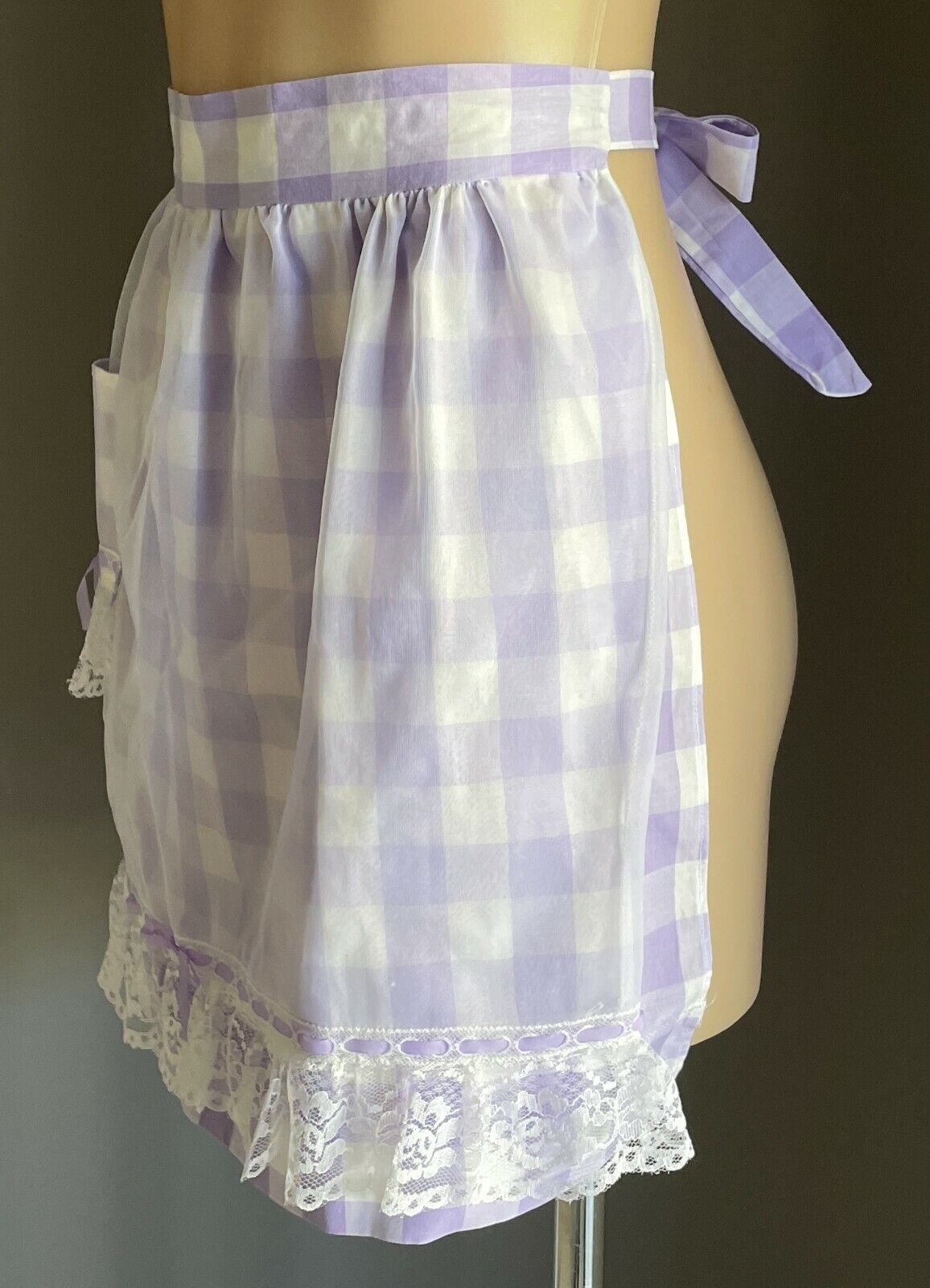 HALF APRON Vintage 1970's Lilac White Check Lace Waist Tie Nylon Overlay Sz 10