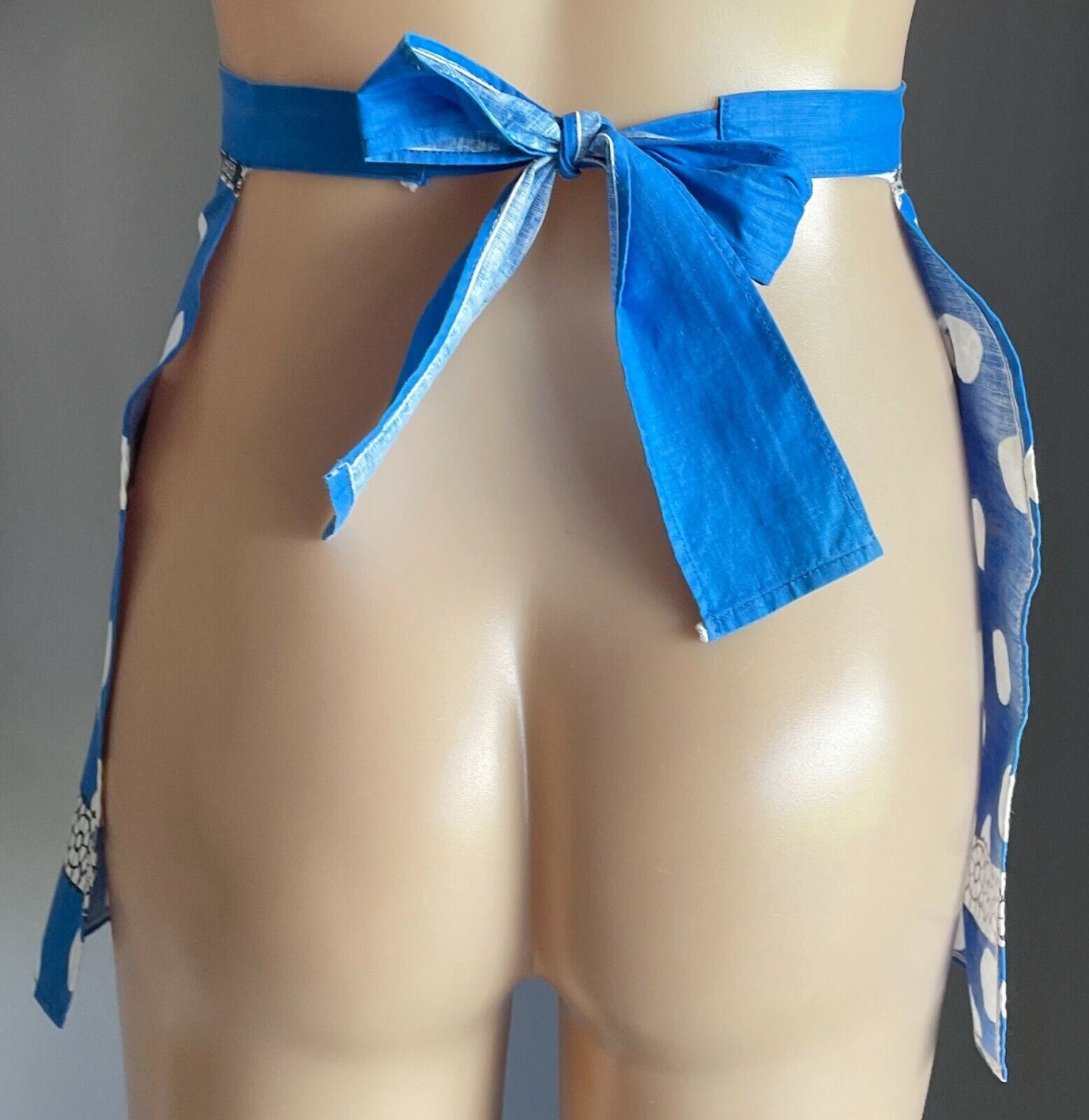 HALF APRON Vintage 1950's Look Blue Polka Dot & Poodle Print Waist Tie Size 8 10