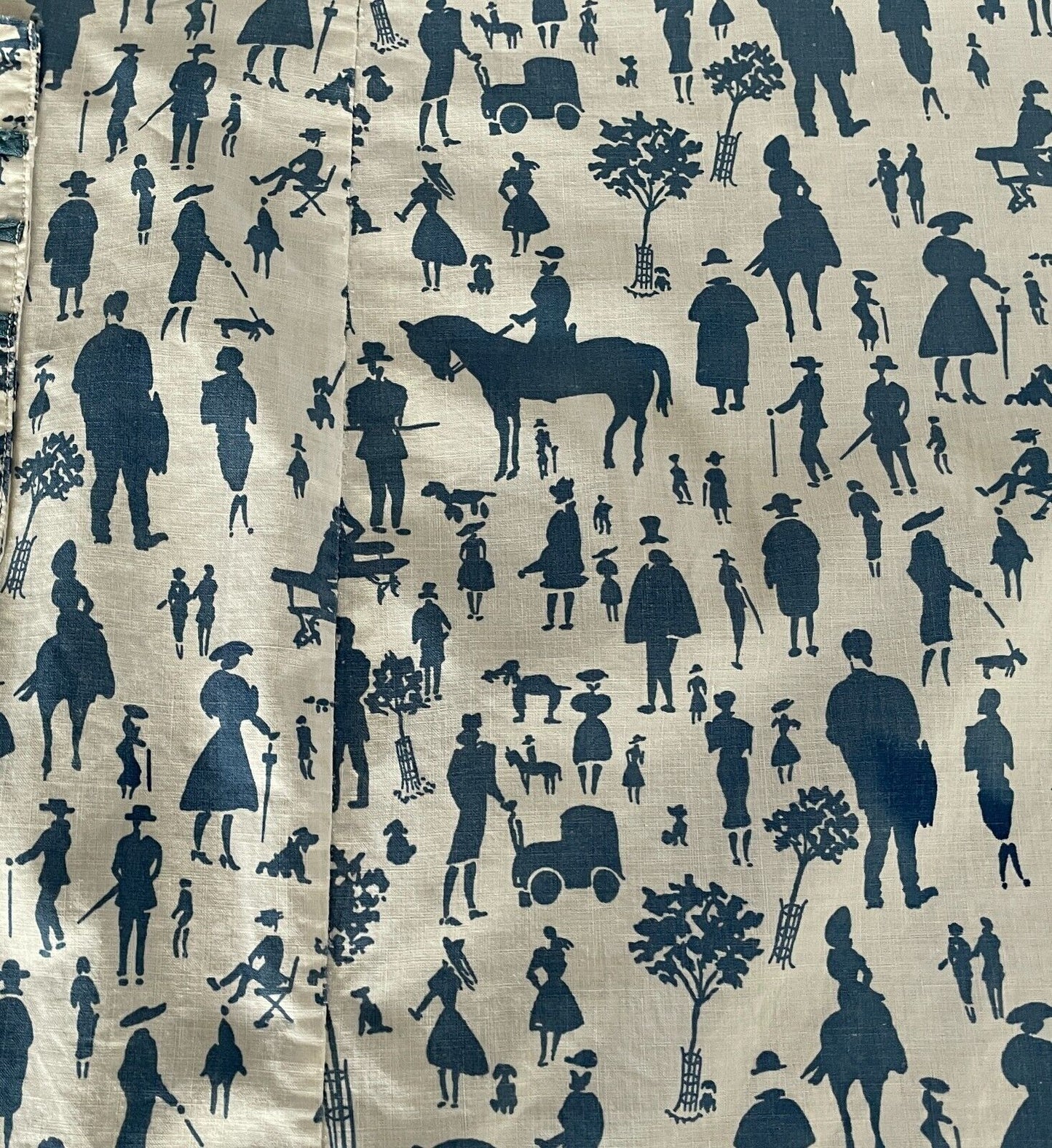 HALF APRON Vintage 1950's White Blue "People" Print Fabric Waist Tie Size 12 14