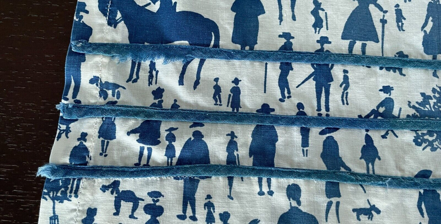 HALF APRON Vintage 1950's White Blue "People" Print Fabric Waist Tie Size 12 14