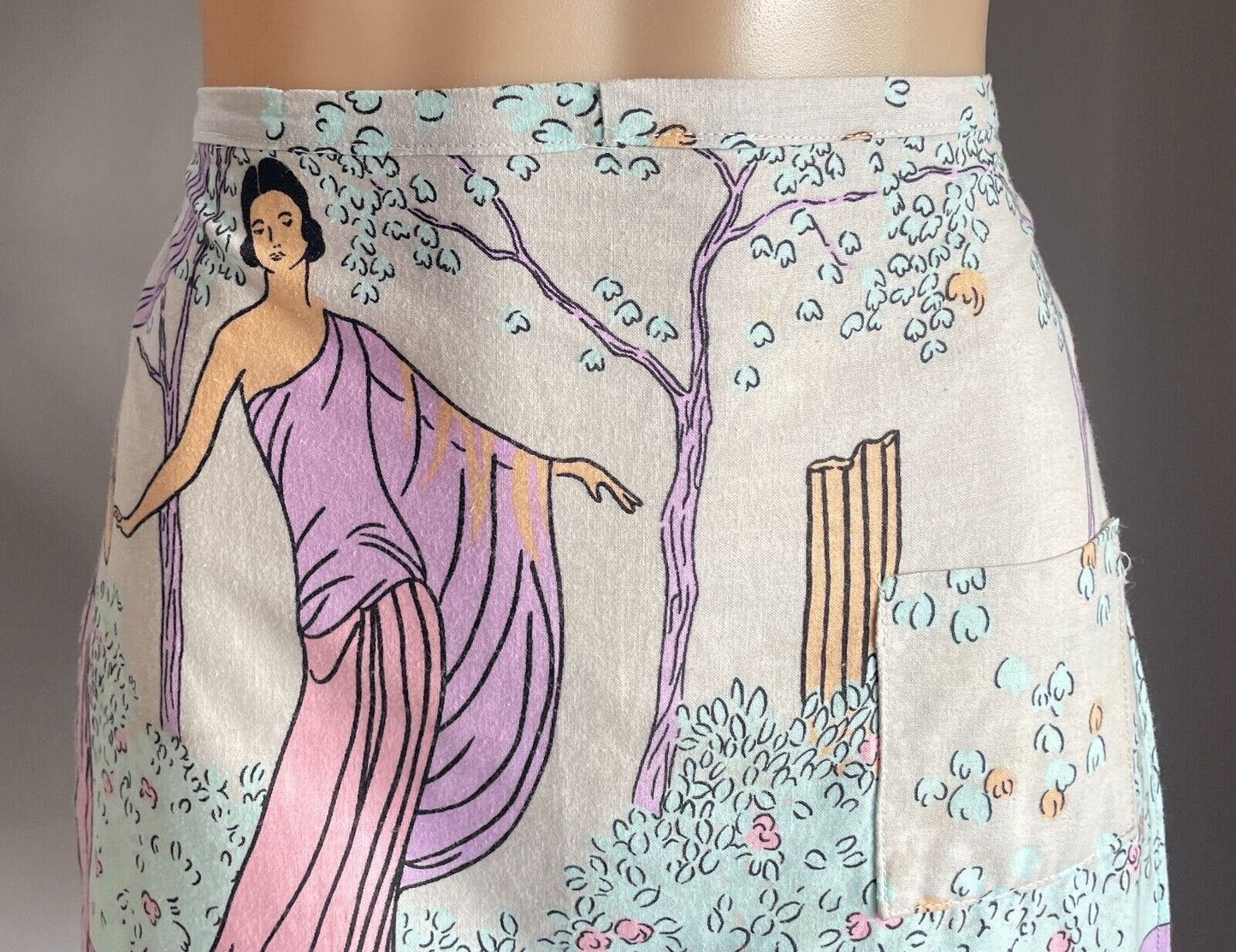 HALF APRON Vintage Handmade Pastel Colours Greek Goddess Print Waist Tie Sz 8 10