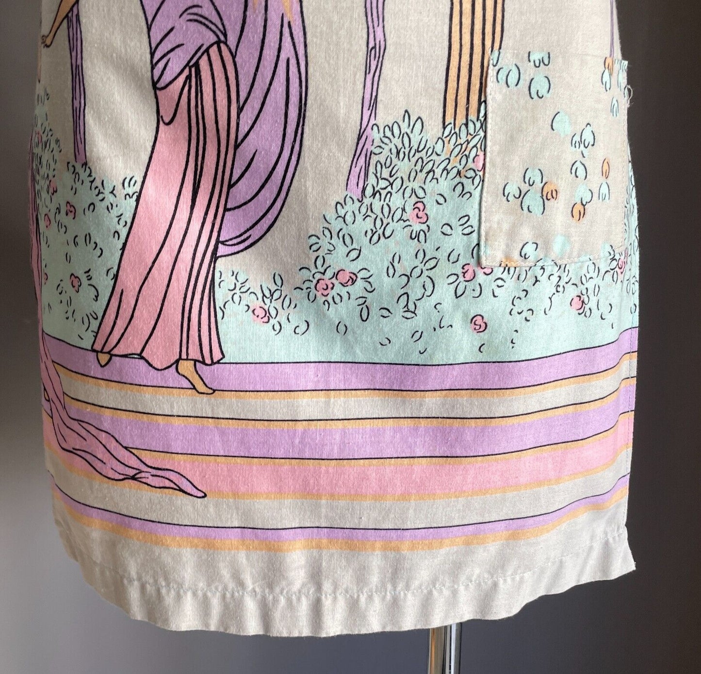 HALF APRON Vintage Handmade Pastel Colours Greek Goddess Print Waist Tie Sz 8 10