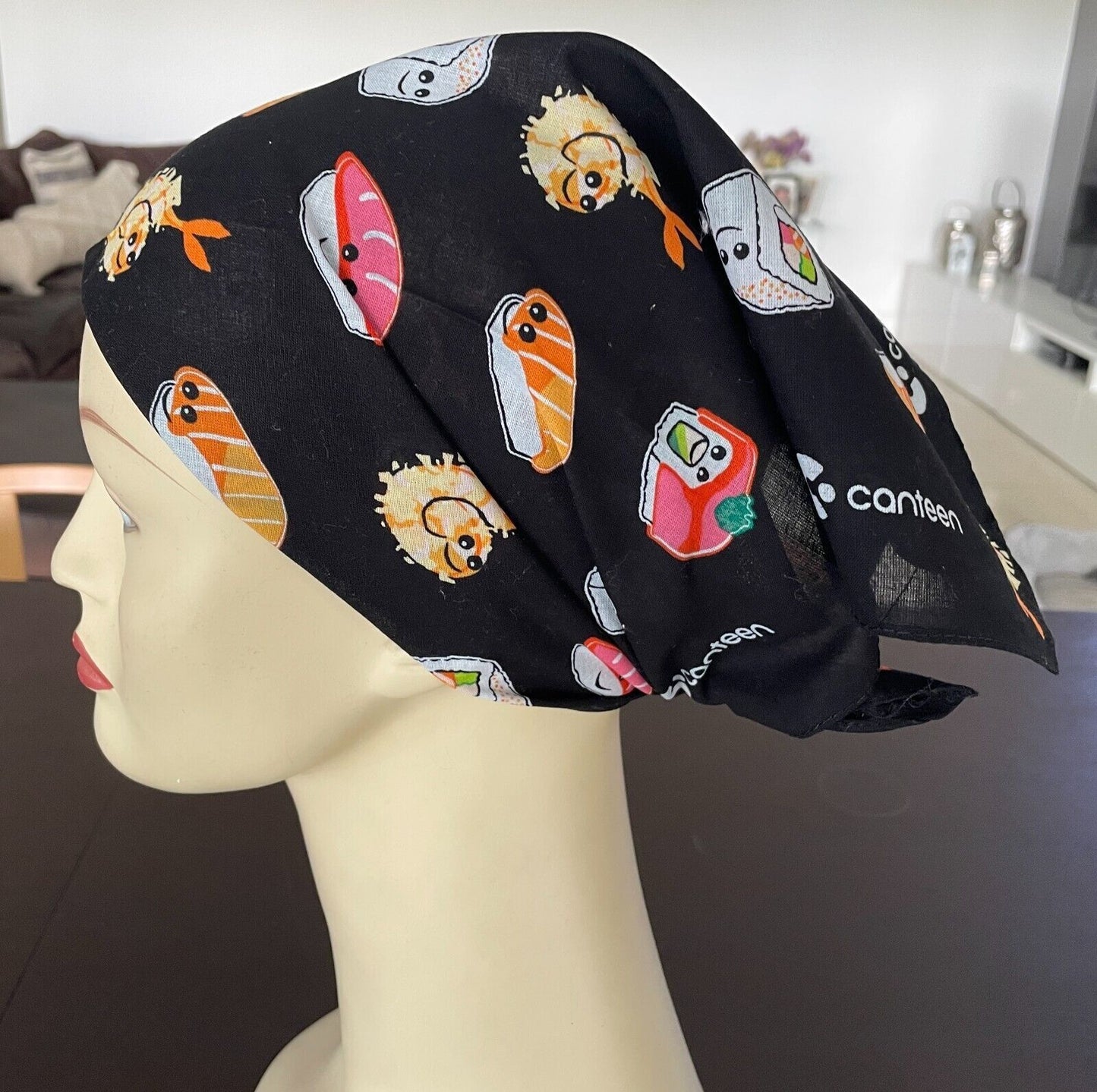 Bandana CANTEEN Cotton Black Colourful Sushi Print Head Neck Scarf 51 x 54cm NEW