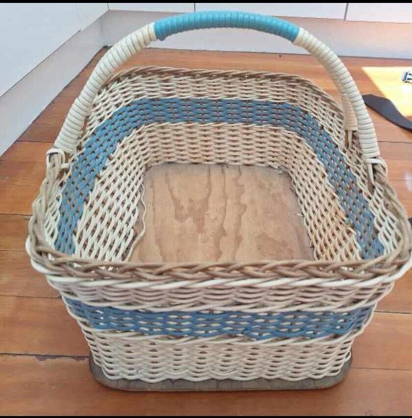 Blue White Wicker Market Basket Vintage Rectangular w Handle