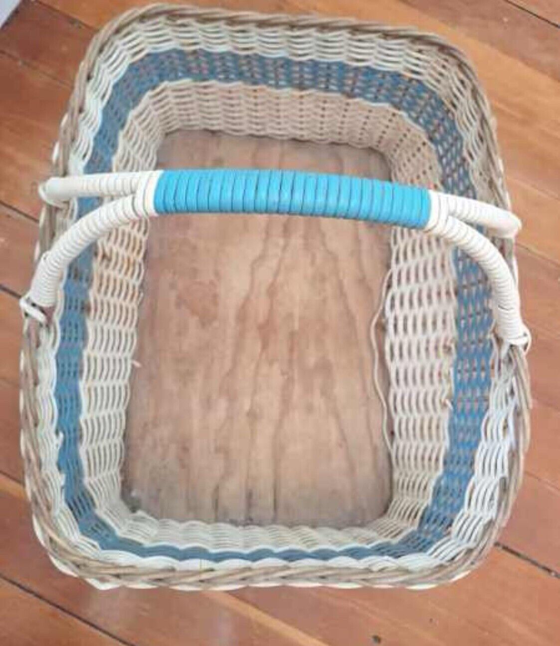 Blue White Wicker Market Basket Vintage Rectangular w Handle