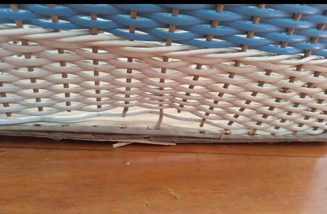 Blue White Wicker Market Basket Vintage Rectangular w Handle