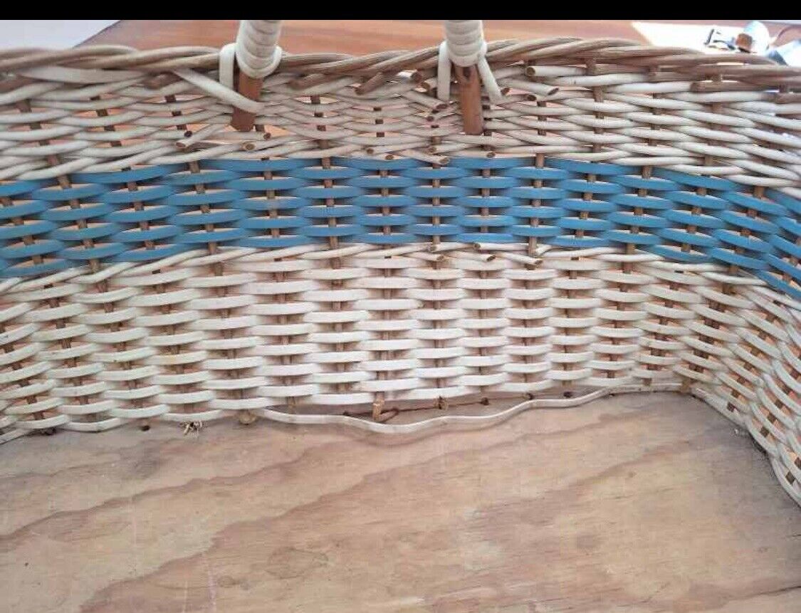 Blue White Wicker Market Basket Vintage Rectangular w Handle