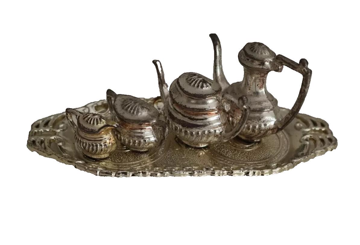 Miniature Tea Set 5 pce Serving Tray Metal Queen Anne Style Vintage England 12cm