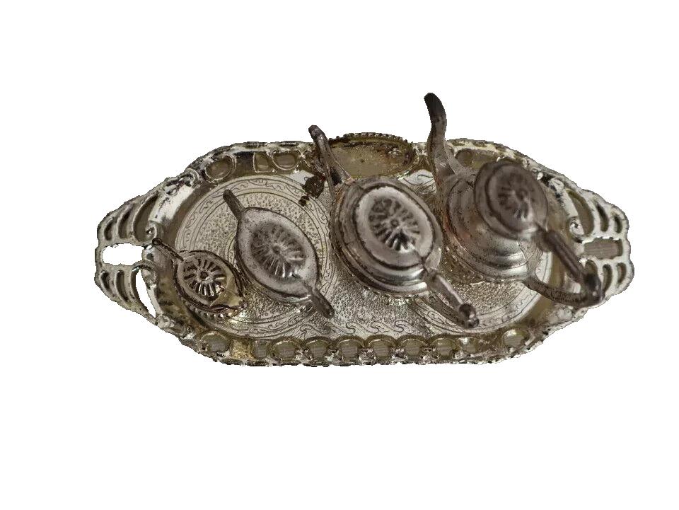 Miniature Tea Set 5 pce Serving Tray Metal Queen Anne Style Vintage England 12cm