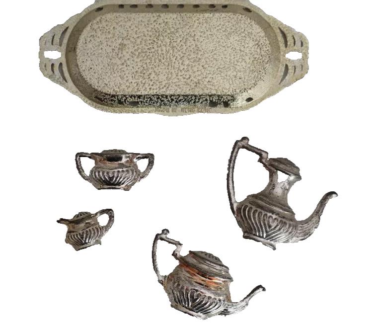 Miniature Tea Set 5 pce Serving Tray Metal Queen Anne Style Vintage England 12cm