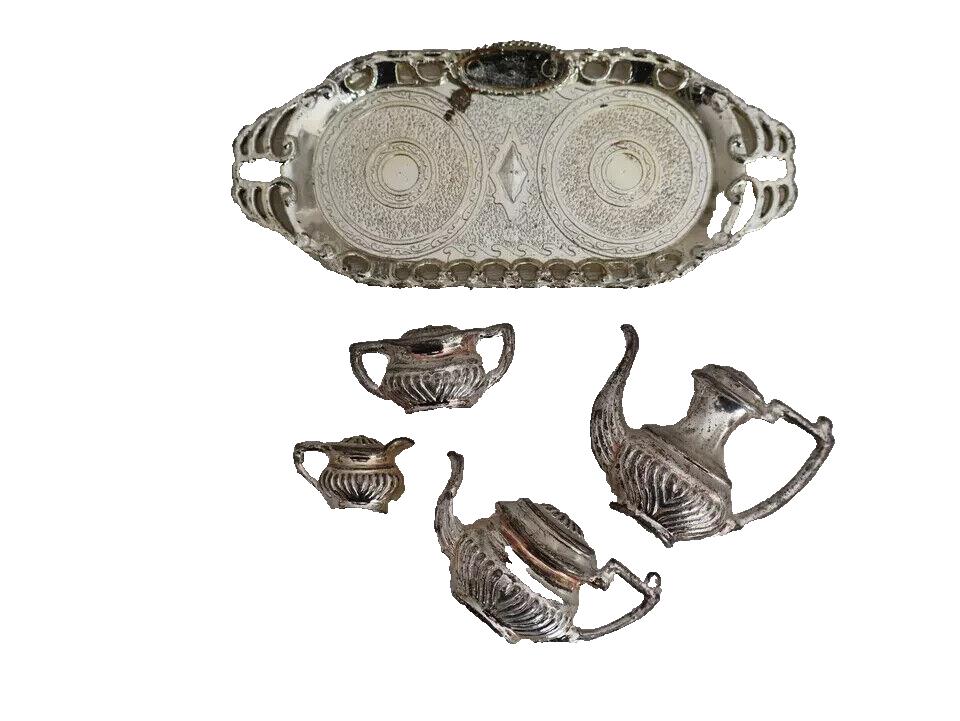 Miniature Tea Set 5 pce Serving Tray Metal Queen Anne Style Vintage England 12cm