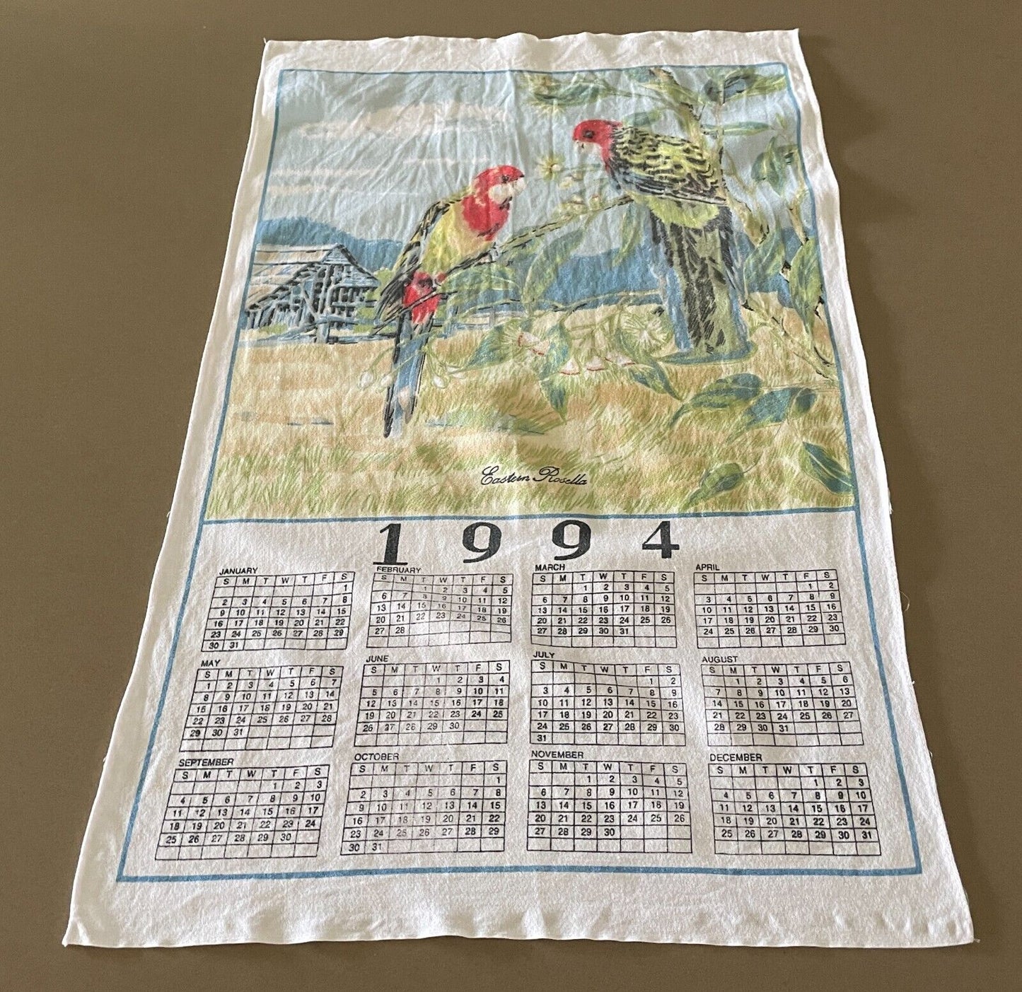 Vintage 1994 Tea Towel Eastern Rosella Country Scene Print Calendar Year
