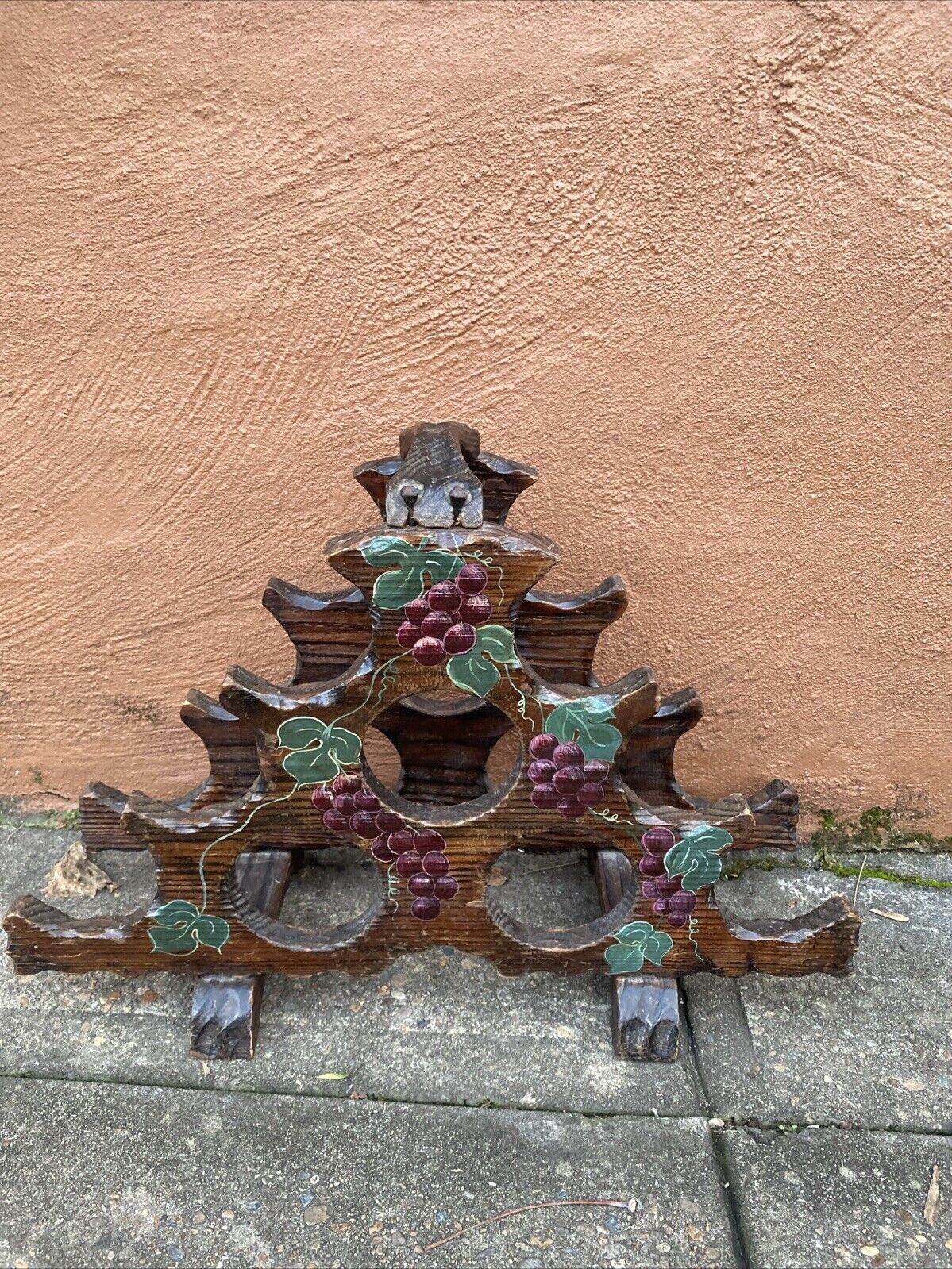 Wooden Wine Rack 53cm Brutalist Rustic Mobile Handmade Nail Vintage Gem 9 Bottle