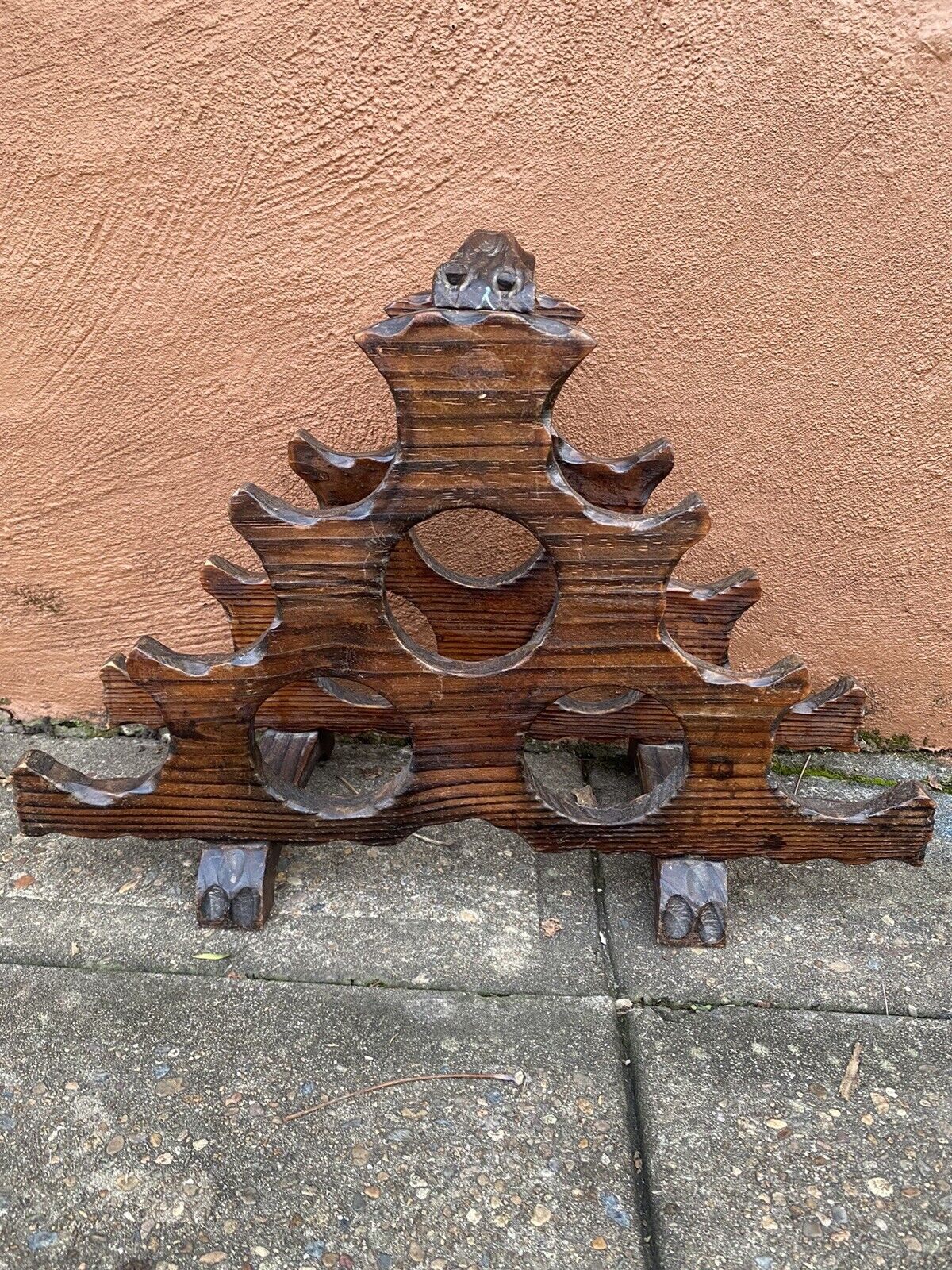 Wooden Wine Rack 53cm Brutalist Rustic Mobile Handmade Nail Vintage Gem 9 Bottle