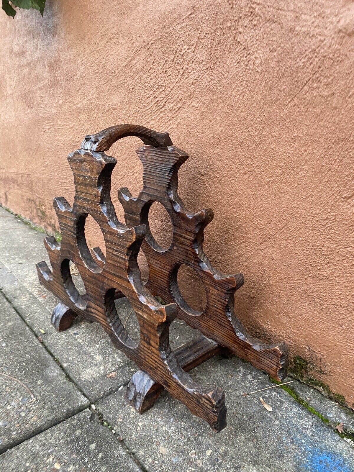 Wooden Wine Rack 53cm Brutalist Rustic Mobile Handmade Nail Vintage Gem 9 Bottle