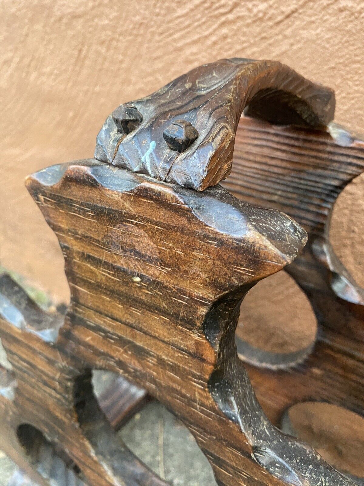 Wooden Wine Rack 53cm Brutalist Rustic Mobile Handmade Nail Vintage Gem 9 Bottle