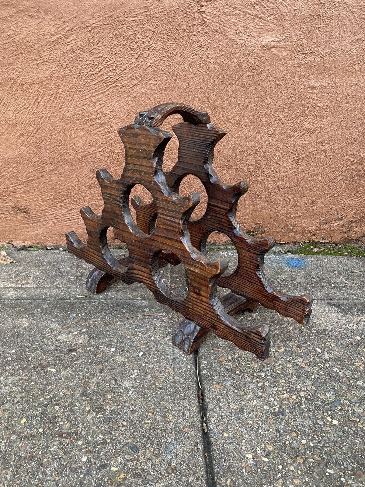 Wooden Wine Rack 53cm Brutalist Rustic Mobile Handmade Nail Vintage Gem 9 Bottle