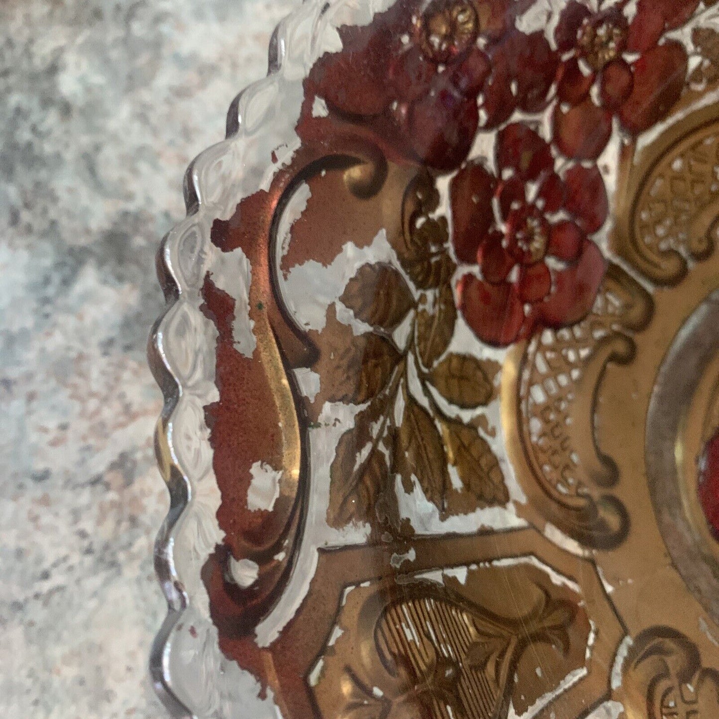 GOOFUS 23cm GLASS BOWL Narcissus Filagree Reverse Painted Red Gold Antique c1918