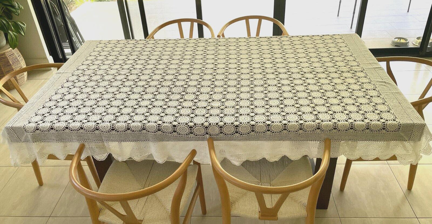 Crochet Lace TABLE CLOTH 1970s White Cotton Rectangle Bedspread 236cm x 171cm