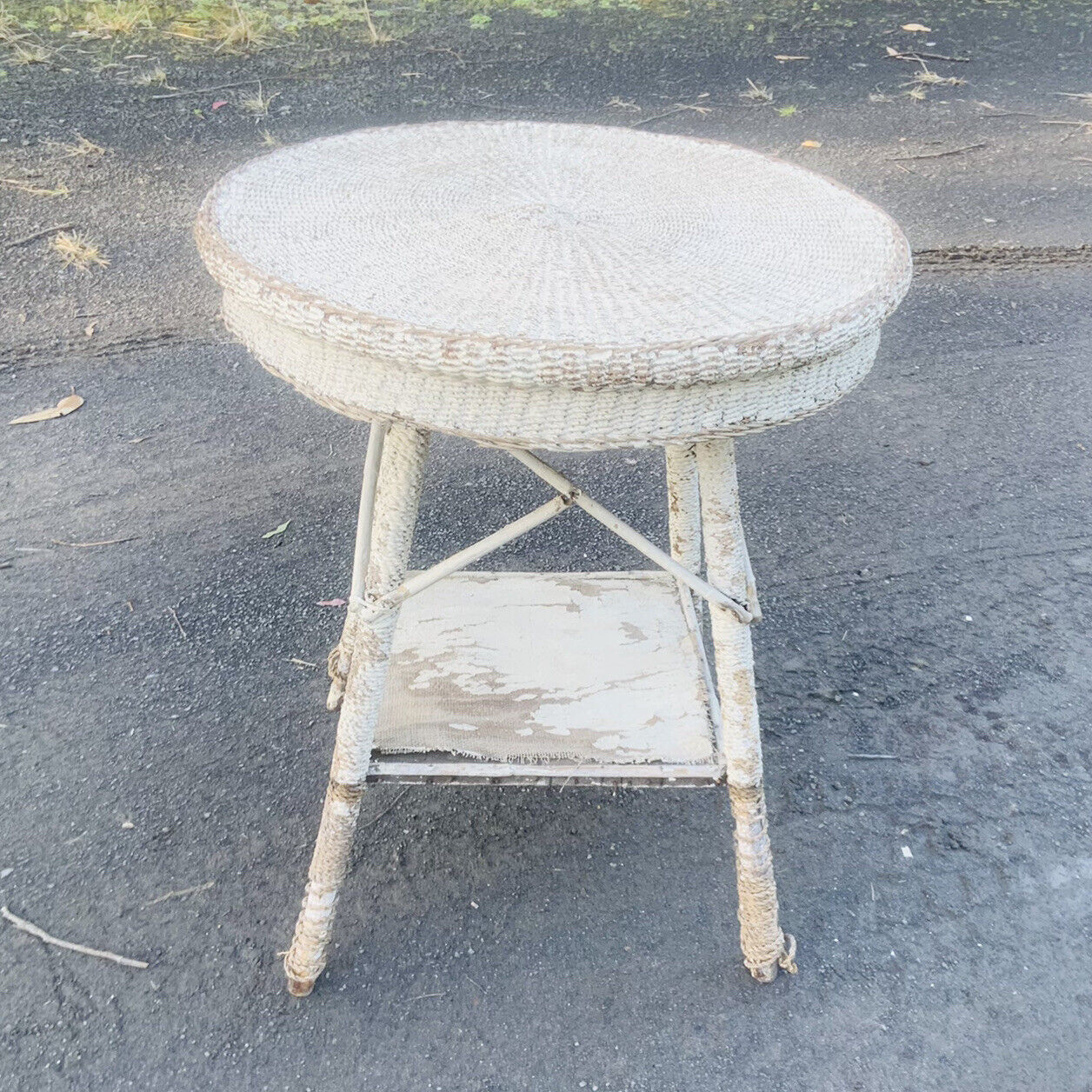 Patio Table Rustic Vintage 1940s Seagrass White Painted Cane Indoor Outdoor