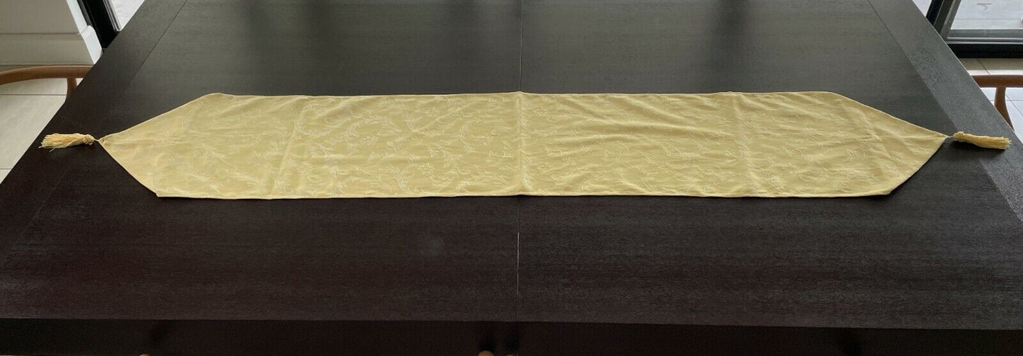 Table Runner Pale Yellow Jacquard Damask Fabric with Fringed Tassel Trim